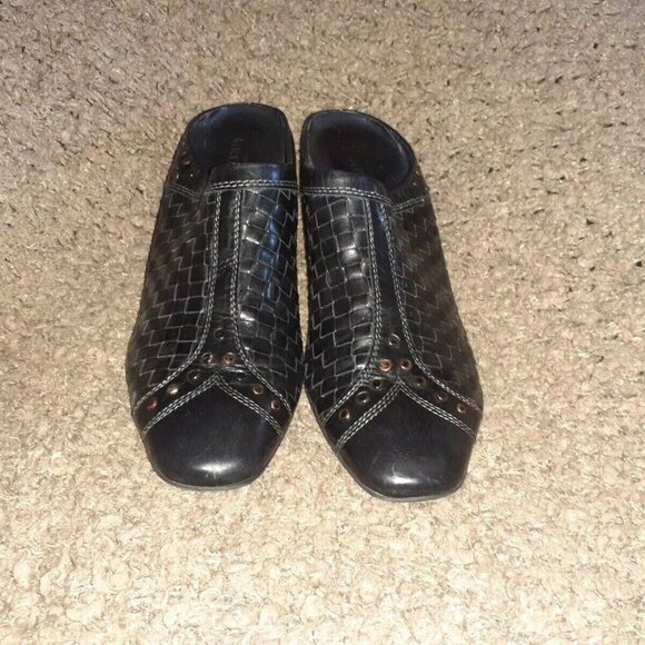 SESTO MEUCCI-Cammie-Black Woven Leather Mules-Studded-3" Heel-SZ 11M-Near Mint - Picture 3 of 7